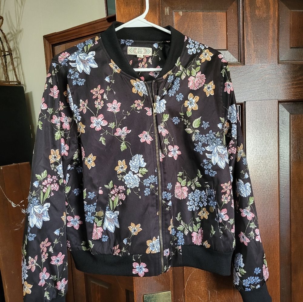 Pink Rose Floral Black Bomber Jacket